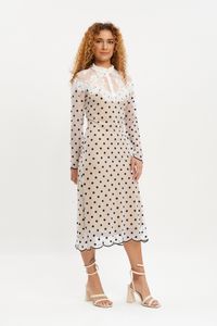 Vestido tule bolas preta gola de renda branco