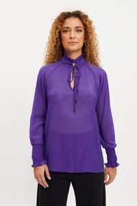 Blusa malha gola fru fru e manga com lastek roxa