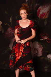 Vestido tule manga franzida floral diagonal