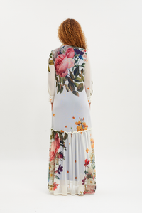 Vestido longo Tule gola colarinho Buquet Floral Amarelo