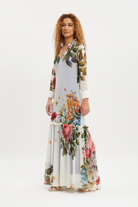 Vestido longo Tule gola colarinho Buquet Floral Amarelo