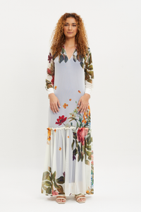 Vestido longo Tule gola colarinho Buquet Floral Amarelo