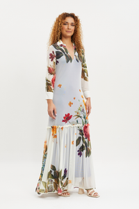Vestido longo Tule gola colarinho Buquet Floral Amarelo