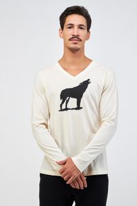 Blusa malha creme Manga Longa estampa Lobo