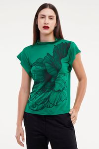 Blusa de Malha Gola Alta Verde Estampa Rosa