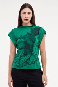 Blusa de Malha Gola Alta Verde Estampa Rosa