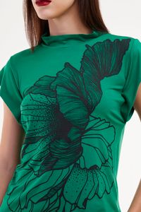 Blusa de Malha Gola Alta Verde Estampa Rosa