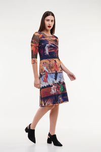 Vestido Tule Manga 3/4 Quadros Boticelli