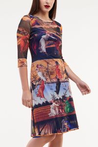 Vestido Tule Manga 3/4 Quadros Boticelli
