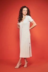 Vestido midi malha canelada cru com cordão