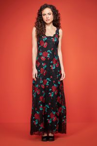 Vestido longo de renda preto com bordados rosa