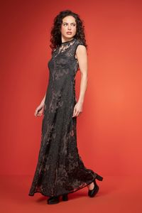 Vestido longo de renda preto com sobreposição tule