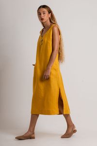 Vestido Midi Linho Amarelo Decote V