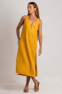 Vestido Midi Linho Amarelo Decote V