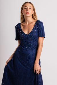 Vestido curto de renda Azul com decote Bolinhas Coloridas