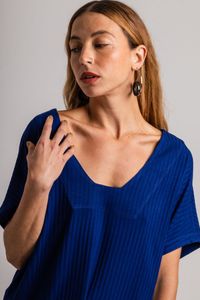 Blusa de Malha Canelada Azul Manga Japonesa