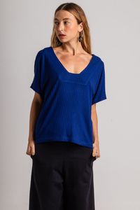 Blusa de Malha Canelada Azul Manga Japonesa