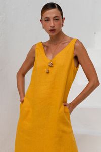 Vestido Midi Linho Amarelo Decote V