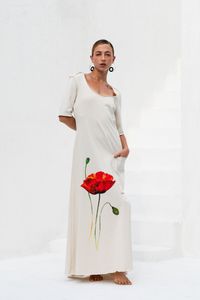 Vestido longo Off White de Malha Estampa Flor