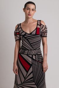 Vestido curto de tule fenda ombro Linhas retas com Vermelho