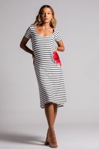 Vestido Midi de malha listrado com bordado rosa