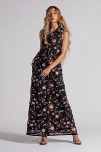 Vestido Longo preto de renda Chemise Bordado flores