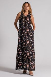 Vestido Longo preto de renda Chemise Bordado flores