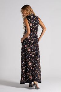 Vestido Longo preto de renda Chemise Bordado flores