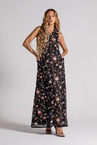 Vestido Longo preto de renda Chemise Bordado flores
