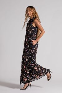 Vestido Longo preto de renda Chemise Bordado flores