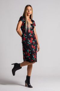 Vestido curto de renda com bordados rosas