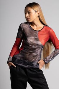 Blusa tule segunda pele manga longa tronco bola vermelha