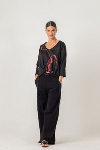 Blusa de Linho preta com franzido frente