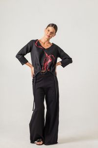 Blusa de Linho preta com franzido frente