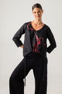 Blusa de Linho preta com franzido frente