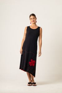 Vestido Midi de Malha Preto Com Bordados Linha