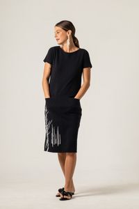 Vestido Curto de Malha Preto Estampa Ramos