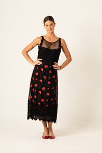 Vestido Longo de Renda e Tule Preto