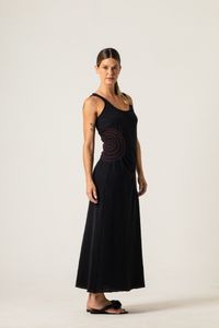 Vestido Longo de Malha Preto Bolas laterais 
