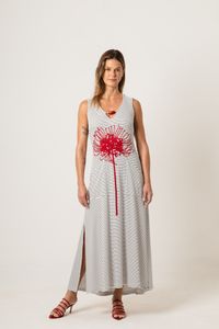 Vestido Longo Listrado Colar Vermelho