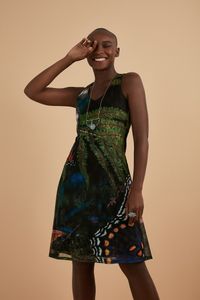 Vestido Renda Estampada Decote V Frente E Costas