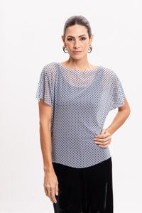 Blusa de Tule Azul Claro Poá com Decote Canoa