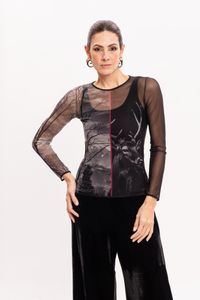 Blusa de Tule segunda pele Manga Longa Estampa Cervo