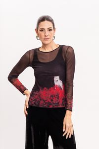 Blusa de Tule segunda pele manga longa Estampa Lobo