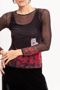 Blusa de Tule segunda pele manga longa Estampa Lobo