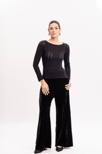 Blusa de Tricô Rendado Preta Manga Longa