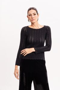 Blusa de Tricô Rendado Preta Manga Longa