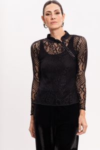 Blusa de Renda Manga Longa com Gola Japonesa