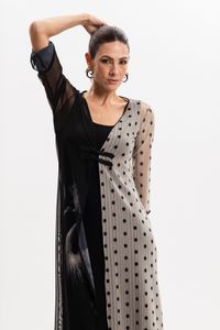 Kimono Longo em Tule Grou Coroado com Poá