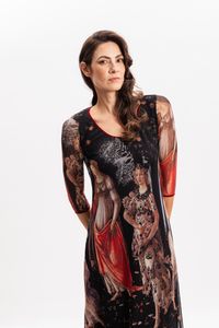 Vestido Curto em Tule Estampa Três Graças